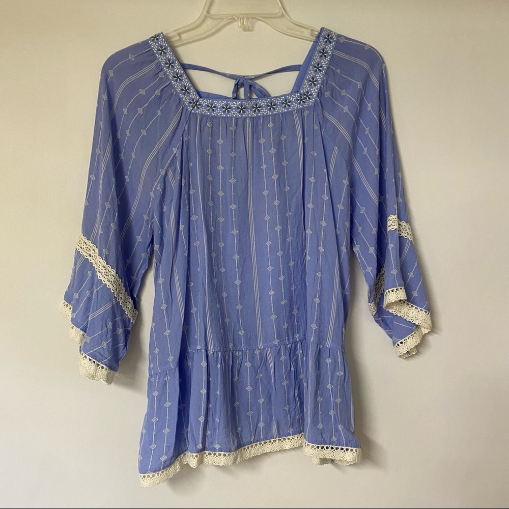 Matilda Jane 435 Blue & Cream pullover top size 16 Item No 29421T 3/4 sleeves